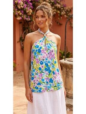 Express Watercolor Gold Hardware Halter Tunic Top